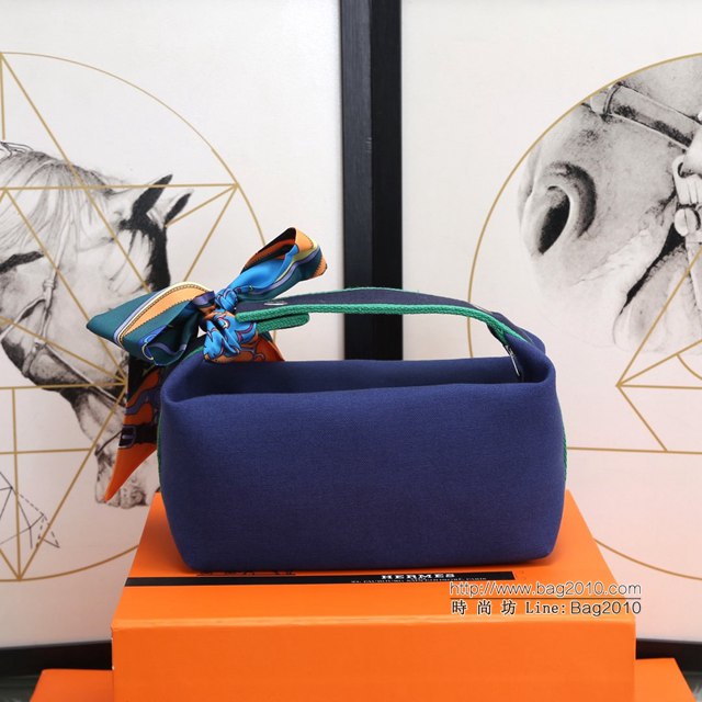 Hermes女包 愛馬仕飯盒包 Trousse Bride-A-Brace Hermes帆布便當包 寶藍  tdh2164